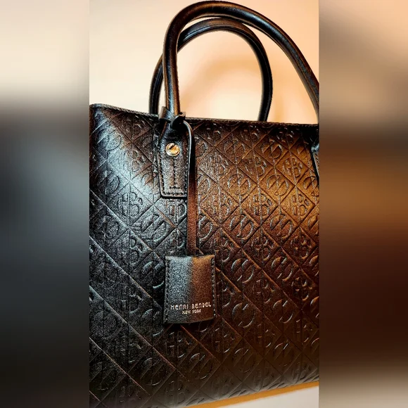 Henri bendel monogram embossed black leather top handle satchel bag - Picture 2 of 11